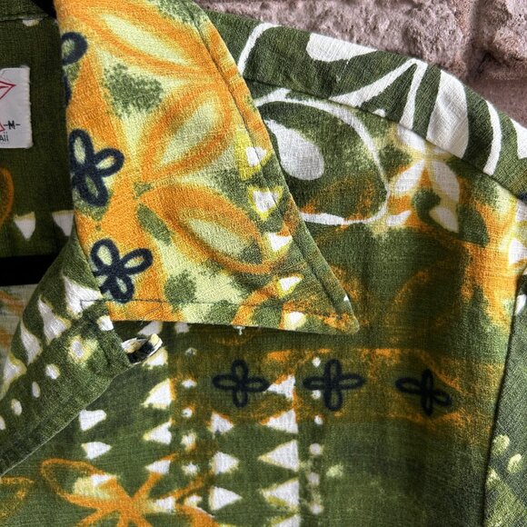 Vintage 60's Hawaiian Green Tribal Barkcloth Loop Collar Sears Shirt - Picture 10 of 12